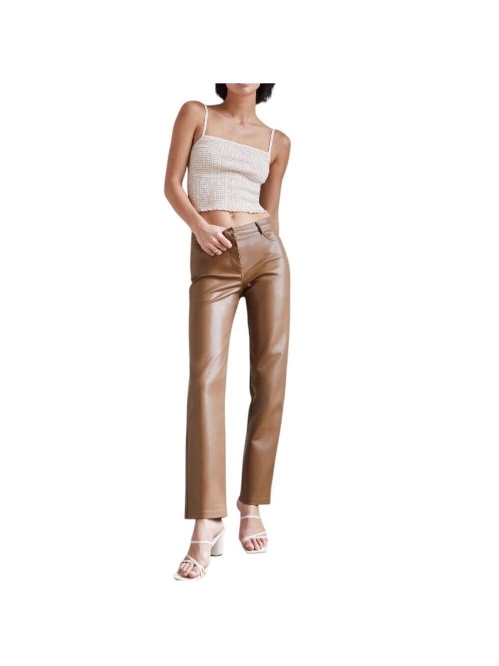 Aritzia Wilfred Melina low rise vegan leather tan slim straight leg pants 8